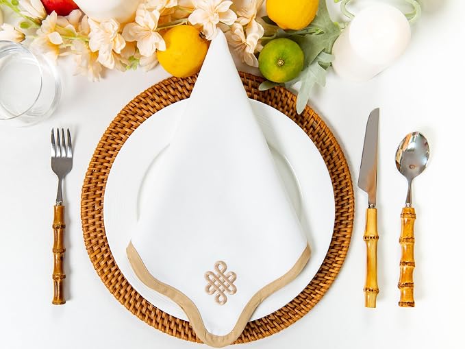 Hofdeco Premium Coastal Cotton Cloth Napkins Set of 4, 20"x20" Washable Dinner for Events, Weddings, Home Use, Neutral Tan Embroidered Endless Knot - Image 3