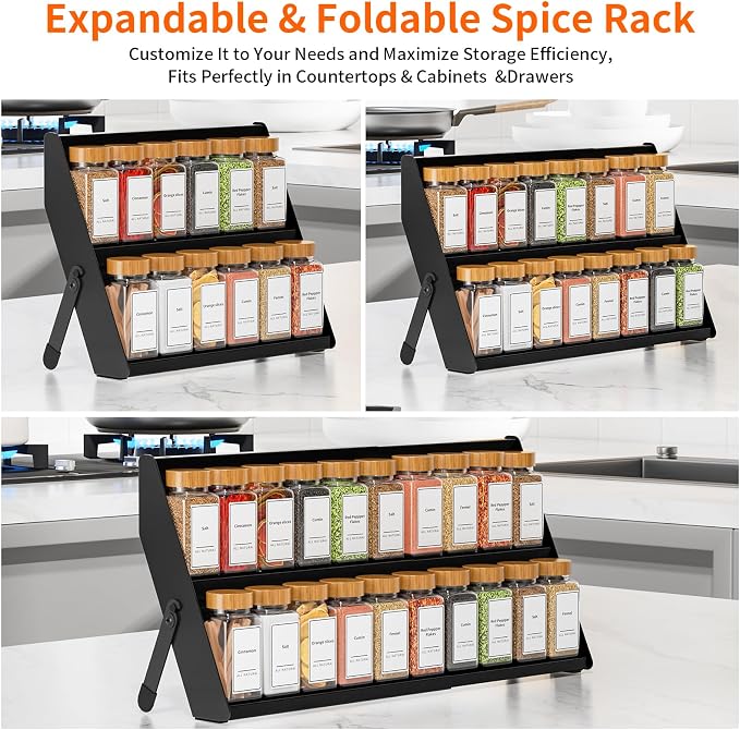 RCHYFEED 2 in 1 Spice Rack Organizer, Expand 12.8 to 21.8 Inch, Foldable | Metal Spicy Shelf，Tiered Spice Rack Suit for Countertop, Cabinet and Drawer, Fits Jars Up to 2.1 Inch, Jars Not Included - Image 3