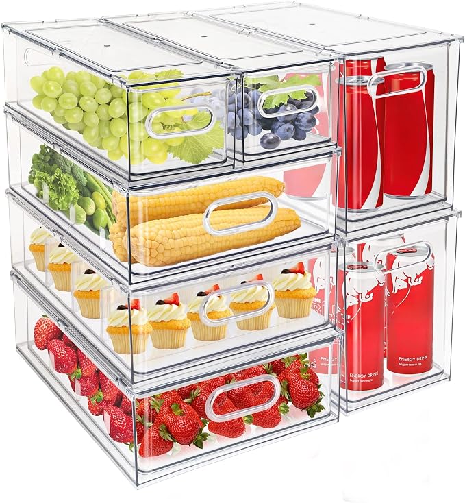 Mano Stackable Fridge Drawers Pull Out Bins with Handle Clear Refrigerator Drawers Organizer Food Storage Container Box with Dividers Plastic Produce Saver for Pantry, Cabinet, Kitchen, Clothes（7Pack） by MANO
