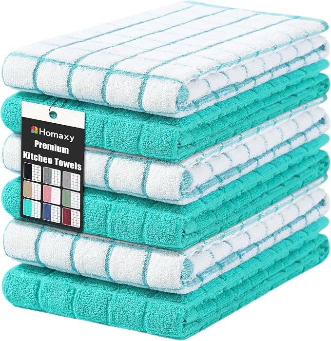 Homaxy Large Premium Cotton Kitchen Towels 16"x 28", 6 Pack, Aqua | Natural Ring Spun 390 GSM Dish Towels, Super Absorbent Terry Kitchen Hand Towels, Soft Tea Towels with Hanging Loop by Homaxy
