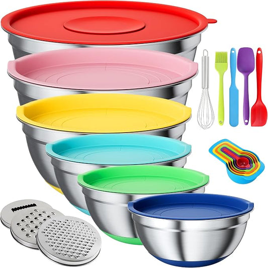 20-Piece Mixing Bowls Set with Airtight Lids – 6 Stainless Steel Kitchen Bowls (4.5QT, 4QT, 3.5QT, 2.1QT, 1.5QT, 1.1QT), 3 Grater Attachments, Non-Slip Silicone Bottoms, Perfect for Baking & Serving by ENVTEK