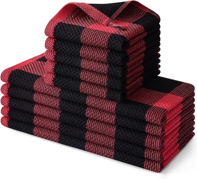 Homaxy Kitchen Towels and Dishcloths Set, Set of 10, Black & Red | Bulk Cotton Waffle Weave Check Plaid Kitchen Towels, Super Soft and Absorbent Dish Cloths, 12 x 12 and 13 x 28 Inches by Homaxy
