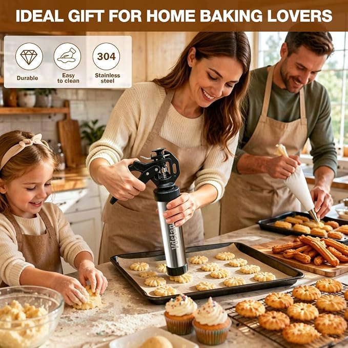 3-in-1 Cookie Press and Churro Maker, Stainless Steel Baking Gun | 11 cookie discs, 6 piping tips, filling nozzle, reusable piping bag, 2 cleaning brushes, for cookies, churros and icing - Image 4
