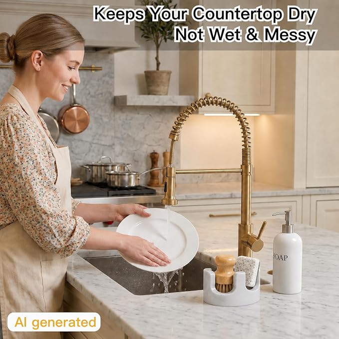 White Marble Sponge Holder for Kitchen Sink, Dual Slot Stone Caddy,Carrara White | 2-in-1 Natural Stone Sponge & Brush Holder, Raised Edge Helps Catch Water, Keeps Countertops Dry , Keeps Countertop Dry - Image 5