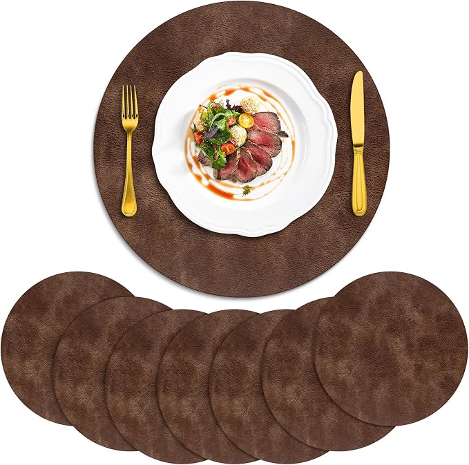 ADRIMER Placemats, Heat Resistant Round Placemats Set of 8 Washable, Waterproof Table Mats, Wipeable Faux Leather Place Mats for Kitchen, Dining Room, Brown by Adrimersdreamistobeanindispensablecompanioninyourlife