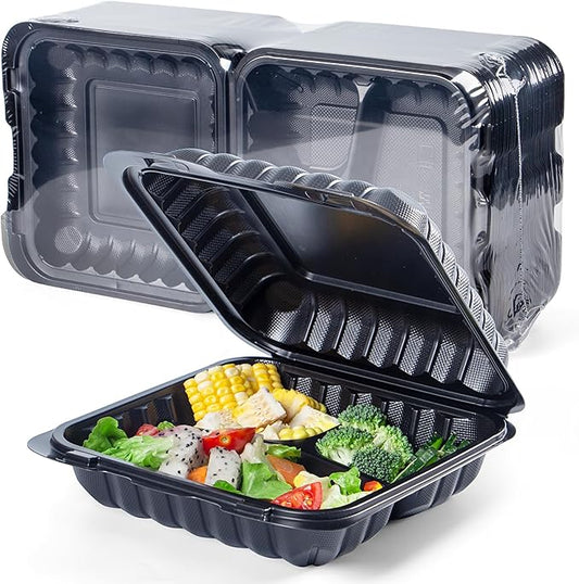 YANGRUI 65-Pack 30oz Black Takeout Containers - Shrink Wrapped No Pre-Wash | 3-Compartment Heavy Duty Mineral Filled PP, Microwave & Freezer Safe | Leak-Resistant Clamshell for Leftovers & Meal Prep by YANGRUI