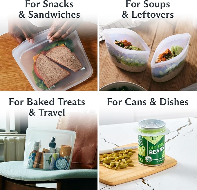 Stasher Reusable Silicone Bags and Stretch Lids, 10-Pack Starter Kit, Clear | Food-Safe Silicone, Eco-Friendly, Reusable Freezer Bags, Microwave, Dishwasher, Oven, Snack Bags, Lunch Containers, Meal Prep - Image 2