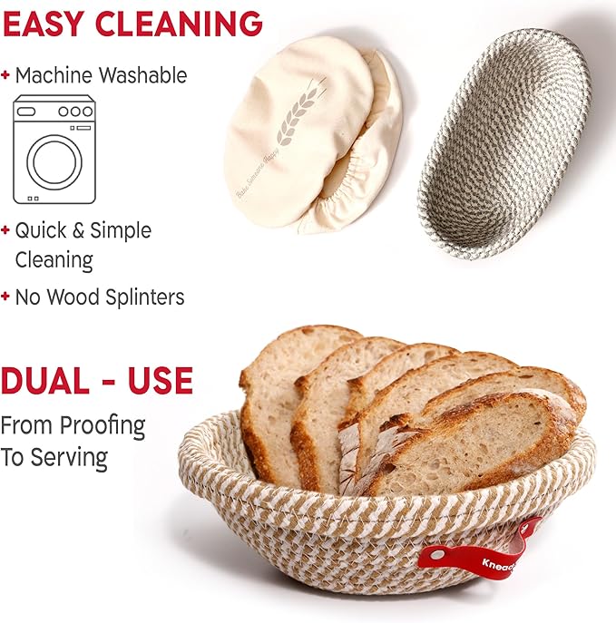 KneadAce Sourdough Starter Kit with Round & Oval Banneton Proofing Baskets | Splinter-Free Cotton Rope Proofing Baskets, Dough Whisk, Bread Lame, Scraper & Brush, Sling - Sourdough Bread Baking Supplies - Image 5