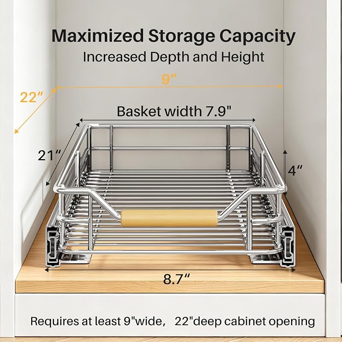 Pull out Cabinet Organizer, 9"W X 21"D, Heavy Duty Smooth Sliding Under Cabinet Shelves for Pots and Pans, Full-Extension Roll out Drawers, Slide out Organization for Home Kitchen Pantry - Image 2