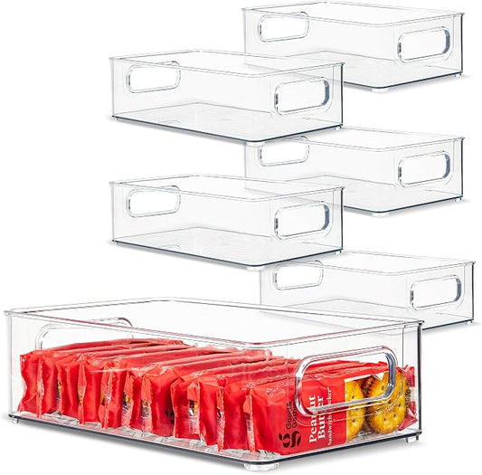 Plastic Food Storage 6 Pack Clear Container Bin with Handles for Organizing Kitchen, Pantry, Refrigerator, Freezer, Pantry, Cabinet, Closet, Bathroom. Stackable 10”x6”x3” by primebox