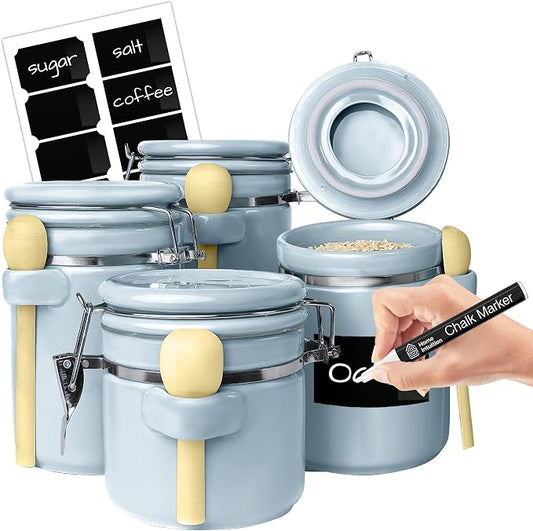 Home Intuition 4-Piece Ceramic Kitchen Canisters Set, Airtight Containers with Wooden Spoons Reusable Chalk Labels and Marker for Sugar, Coffee, Flour, Tea (Light Blue) by HomeIntuition