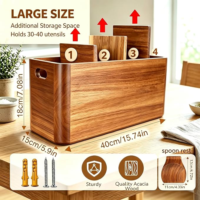 Kitchen Utensil Holder for Counter or Countertop, Extra Large Acacia Wood Organizer with 4 Compartments, Wooden Utensil Holder for Cooking and Silverware, Rustic Wood Container Sturdy Utensil Crock - Image 2