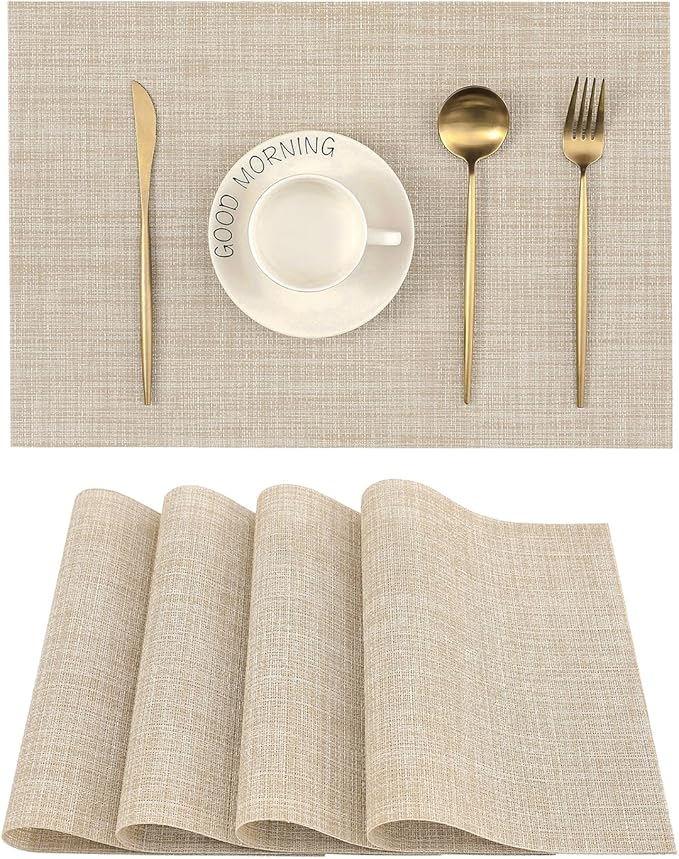 Leetaltree Beige Placemats Set of 4 - Heat-Resistant, Non-Slip Table Mats, Washable Woven Vinyl for Indoor & Outdoor Dining by Leetaltree-ArtatEveryTable