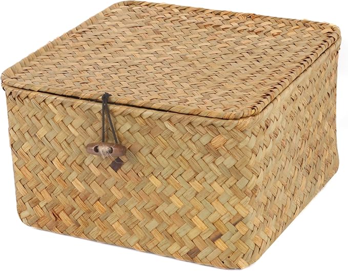 Moosky Wicker Shelf Baskets with Lid, Handwoven Seagrass Storage Basket Bins Square Gift Boxes for Shelves Home Decor Organizer (Natural, Small) by Moosky