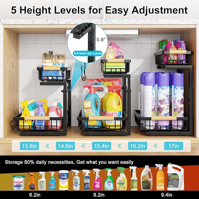 Under Sink Organizer 2 Pack, Adjustable Height 2-Tier Pull Out Cabinet Organizers, Heavy Duty Metal Slide Out Drawers, Under the Sink Organization and Storage Shelf for Kitchen Bathroom Pantry, Black - Image 6