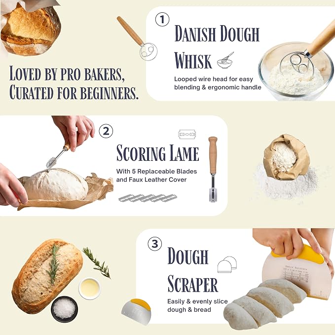 JoeCo Sourdough Starter Kit, Complete Starter-To-Loaf Set with Instructions, Sourdough Starter Jar, Silicone Proofing Baskets, Danish Dough Whisk, Dough Scraper, Bread Lame & Sourdough Baking Supplies - Image 6
