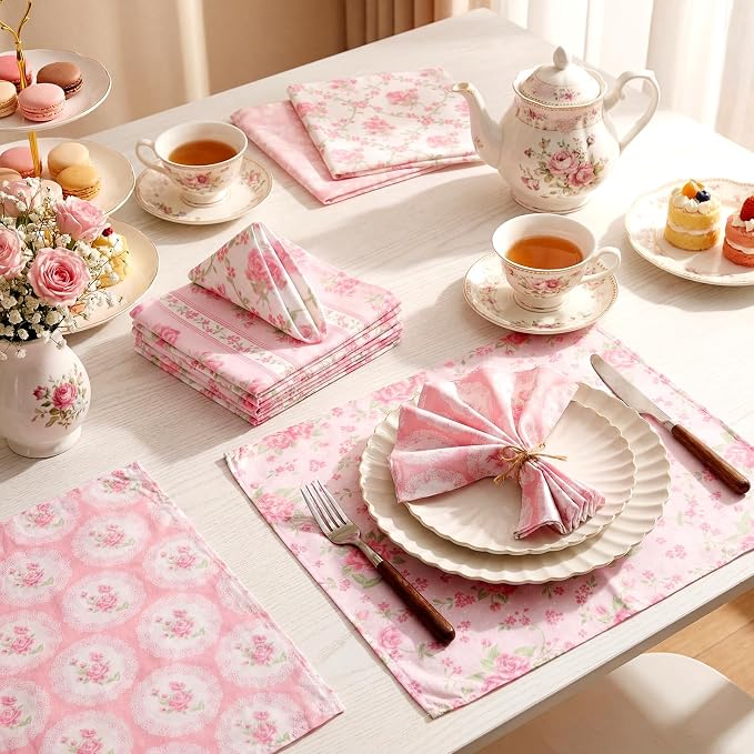 12 Pcs Floral Cloth Napkins 6 Patterns Washable Dinner Tea Party Napkins Reusable Plant Flowers Square Napkin Cotton Towel Decorative for Summer Wildflower Party(Pink Flowers) - Image 3