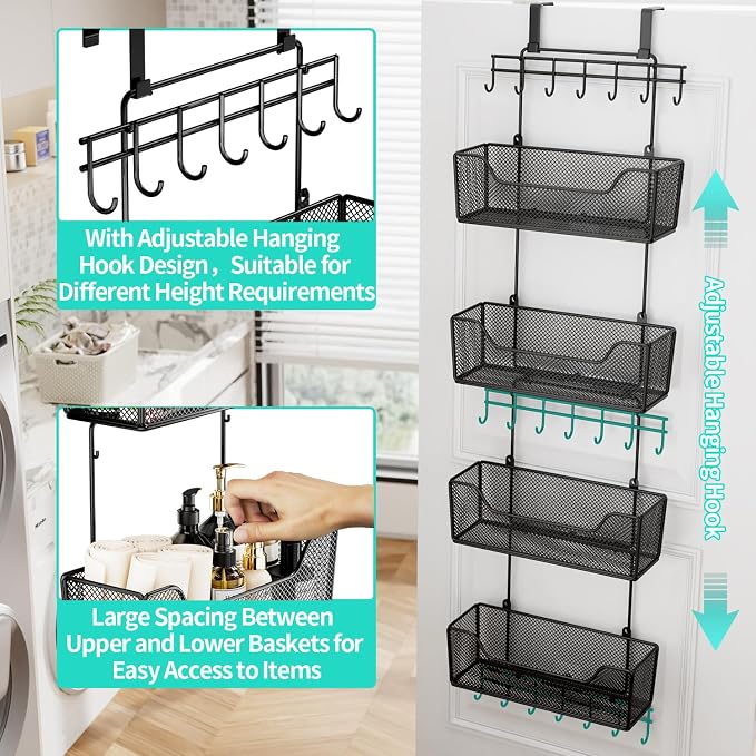 HapiRm Over The Door Organizer - Hanging Door Organizer with 4 Metal Large Capacity Baskets and Adjustable Coat Hook for Bathroom Bedroom Kitchen Pantry Closet Cabinet - Image 5