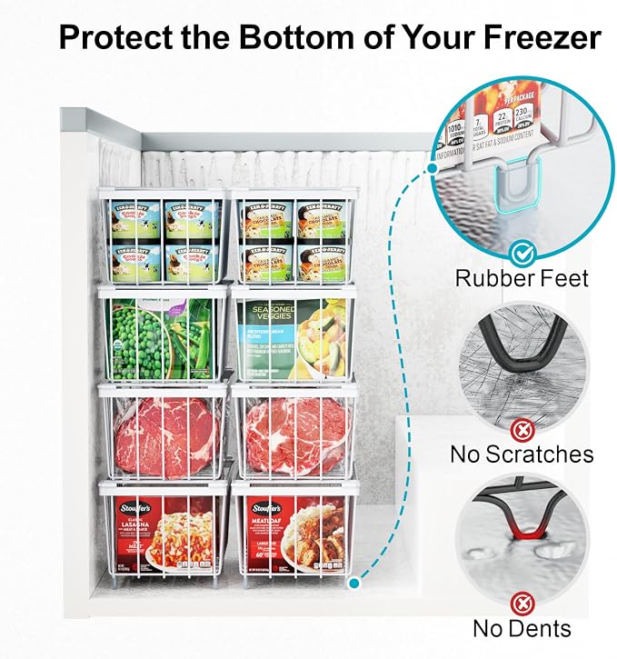 Freezer Organizer Bins - Small Storage Baskets for 7 Cu.Ft, 4 Pack | Easy Access Handles, Stackable Deep Freezer Wire Baskets, Vertical Space Sorts for Frozen Meat, Vegetable and Bagged Items - Image 5