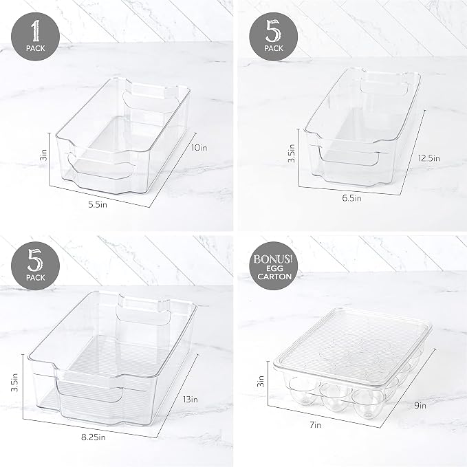 Oizeir Refrigerator Organizer Bins - Clear Plastic, Stackable, Narrow and Wide Bin Sizes, Egg Tray with Lid. Great Storage for Fridge, Cabinets, Countertops and Pantry. (Set of 12) - Image 2