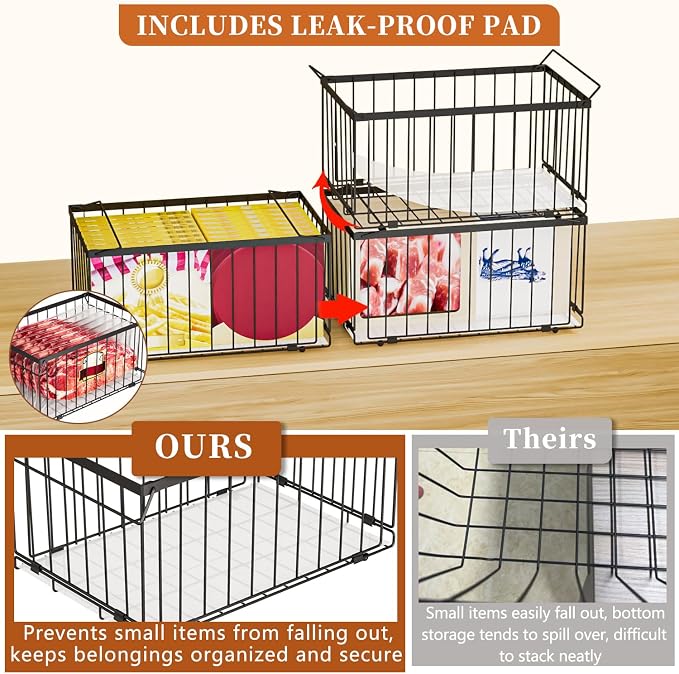 Large Freezer Organizer Bins for 5 to 9 Cu.Ft,Quick Expand/Collapse,3PACK | Freezer Organizer Bins, Stackable,foldable,With handle Wire Storage Container Baskets for Sort Frozen Meats,Leak-Proof Liner - Image 4