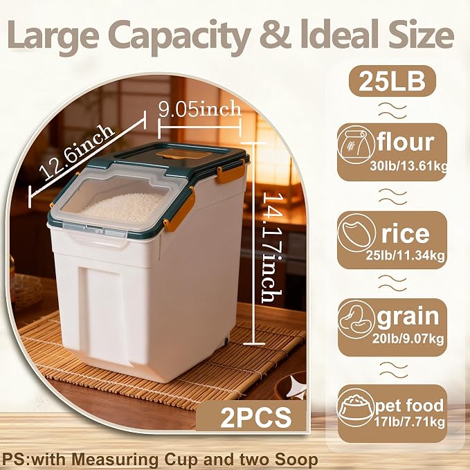 RUIAN 2Pcs Large Flour Storage Container Bin 25Lb Airtight Rice Storage Containers with Wheels Seal Locking Lid, BPA Free with Measuring Cup&Scoop for Flour, Rice, Grain(Blue) - Image 3