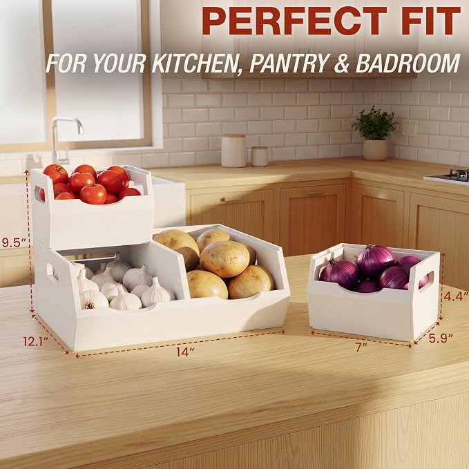 HOMESTEAD Stackable Solid Wood Storage Bins for Kitchen Pantry & Countertop, Ventilated Potato and Onion Basket Organizer with Handles, Wooden Produce Storage Containers, 3-Pack, White - Image 3