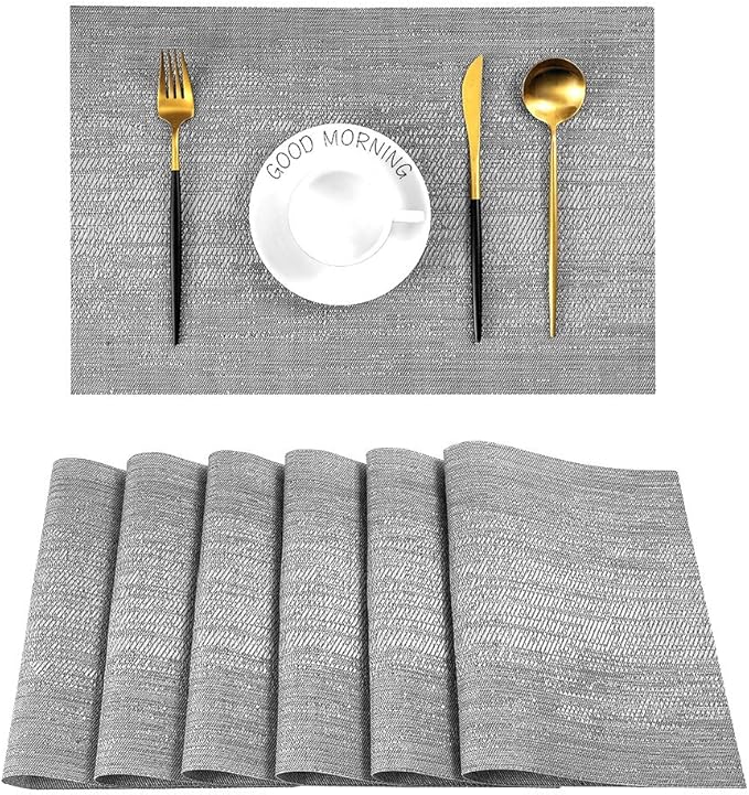 Leetaltree Grey Placemats, Heat Resistant Non-Slip Place mats for Dining Table, Washable Durable PVC Vinyl Woven Table Mats (Set of 6) by Leetaltree-ArtatEveryTable