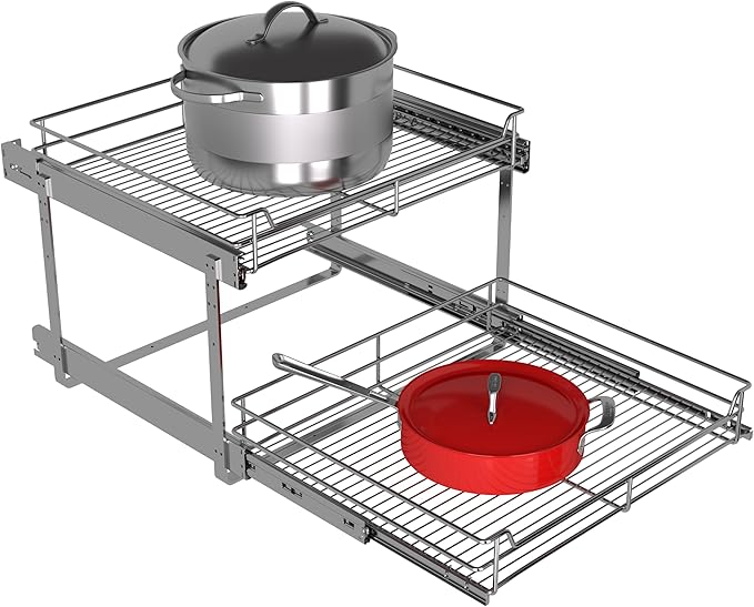 2-Tier Pull Out Cabinet Organizer, 23" W x 22" D, Chrome | Heavy-Gauge Wire Slide Out Shelves, 100 lbs Capacity, Ball-Bearing Glides, Min 24" Opening, For Heavy Appliances - Image 6