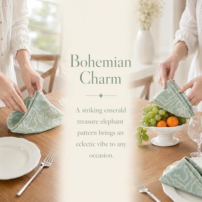 17x17 Green Elephant Napkins Set of 24 Bulk Washable Wedding | Need boho wedding supplies? This bulk set of 24 green elephant pattern linen napkins offers absorbent, elegant decor. - Image 4