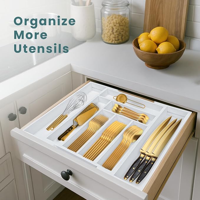 Sben Expandable Drawer Organizer for Utensils Holder, Adjustable Cutlery Tray, 6-8 Slots, Premium Wood Drawer Dividers Organizer for Silverware, Flatware, Knives for Kitchen (White) - Image 3