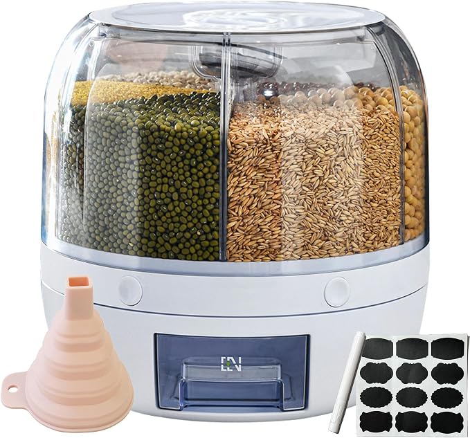 Rice Dispenser, 6-Compartment Rotating Grain Storage Container, Large | 360° Rotating Countertop Cereal Dispenser for Pantry with Push Button, Dry Food Organizer for Rice, Beans, Grains and Nuts by Unknown