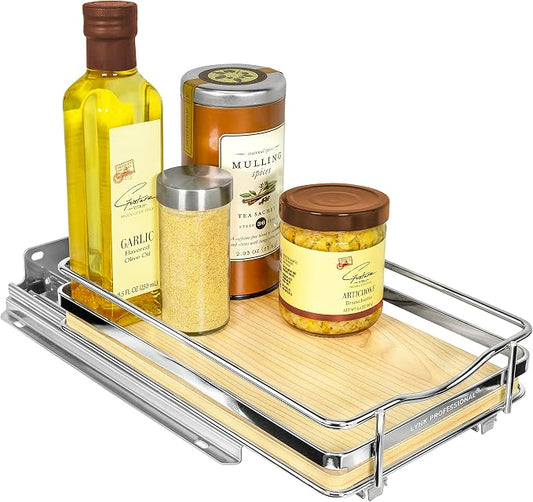 LYNK PROFESSIONAL® Élite™ Pull Out Spice Organization for Cabinets - 6-3/8 inch Wide – Spice Rack for Inside Cabinets – Wood/Chrome - Sliding Spice Rack Organizer for cabinet – Spice Rack - 1 Tier by LYNKPROFESSIONAL