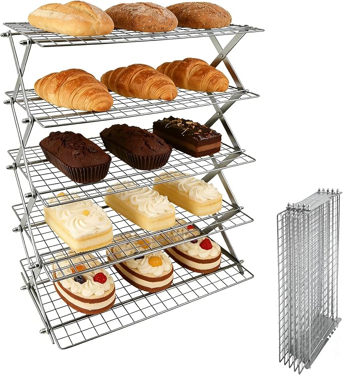 5 Tier Collapsible Cooling Rack Sourdough Cooling Rack 17"x10" | Cooling Racks for Cooking and Baking, Roasting, Grilling, Adjustable 6 Setting Design stackable, Oven & Dishwasher Safe by JINANJUNGU