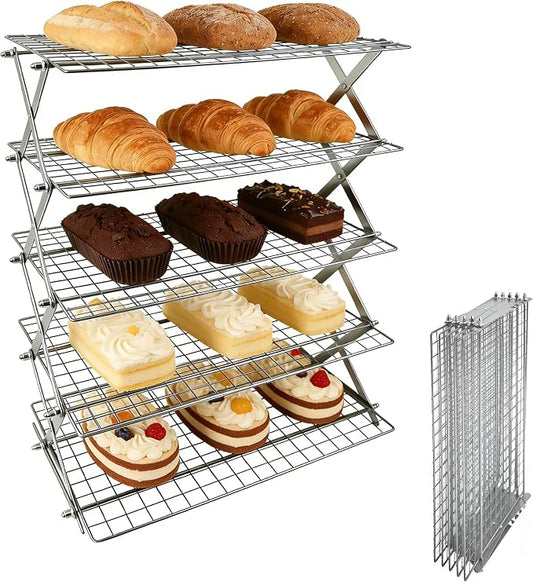5 Tier Collapsible Cooling Rack Sourdough Cooling Rack 17"x10" | Cooling Racks for Cooking and Baking, Roasting, Grilling, Adjustable 6 Setting Design stackable, Oven & Dishwasher Safe by JINANJUNGU