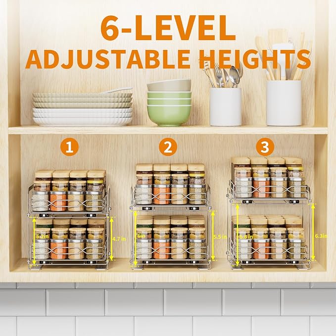 RCHYFEED Pull Out Spice Rack, 2 Tier Height Adjustable Vertical Spice Rack | Chrome,Tape or Screw Mount Available, Heavy Duty Sliding Spice Rack 9.2W x 10.4D x 9.8H, Fits Cabinets with or without Lip - Image 5