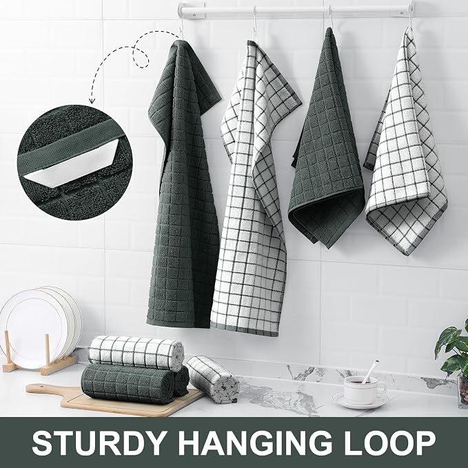 Homaxy Large Premium Cotton Kitchen Towels 16"x 28", 4 Pack, Dark Green | Natural Ring Spun 390 GSM Dish Towels, Super Absorbent Terry Kitchen Hand Towels, Soft Tea Towels with Hanging Loop - Image 6