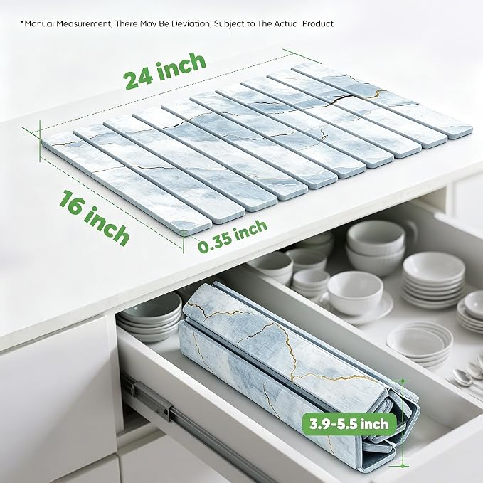 Stone Drying Mat for Kitchen Counter, Quick Diatomaceous Earth Mats for Dishes, 24"L x 16" W Super Absorbent Fast-Drying Collapsible Countertop Stone Mat (Marble White-09, 24" x 16") - Image 2