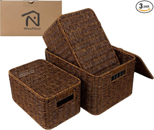 WeeNest Baskets with Handles, Wicker Storage, Shelf Boxes for Organizing, Stackable Woven Bins, Decorative Lidded Resin, Set of 3, Toffee by WeeNest