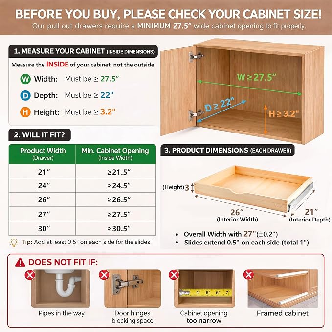 2 Set Wooden Pull out Cabinet Organizer Fully Assembled Slide out Pantry Drawer with Gentle Close Storage Shelf Tray for Base Kitchen Under Sink Bathroom Accessory(Wood Color,27'' X 21'' X 3") - Image 2