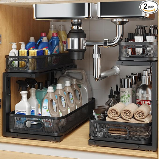 2 Pack 17.3IN-Depth Under Sink Organizer with Smooth Cylindrical Rail,2-Tier Pull Out Multi-Purpose Cabinet Storage for Bathroom&Kitchen,Height Adjustable,Rust-Resistant Coating-Black by UnderSinkOrganizer