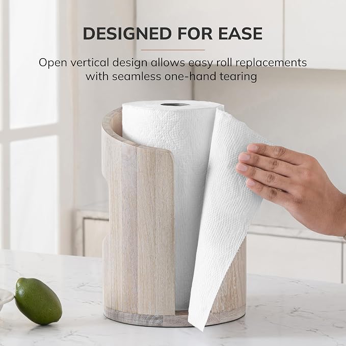 Anji Mountain Wooden Paper Towel Holder with Metal Holder, Holder Stand for Kitchen Roll Organizer & Kitchen Dining Table Home Décor, Countertop Fits Jumbo & Mega Rolls - Whitewash/Nickel, Arc Hold - Image 5
