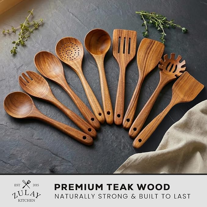 Zulay Kitchen 9-Piece Teak Wood Cooking Utensil Set – Non-Toxic & Non-Stick Safe Wooden Spoons & Kitchen Tools with Comfortable Grip, Smooth Finish Natural Teak – Perfect Kitchen Gift Set - Image 2