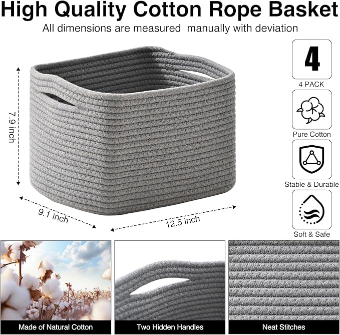 ICERZCZ Small Storage Baskets for Shelves Organizing, Woven Cotton Rope Baskets for Storage, Book Basket, Decorative Shelf Basket, 12.5"Lx9.1''Wx7.9''H (4 Packs) Grey - Image 3