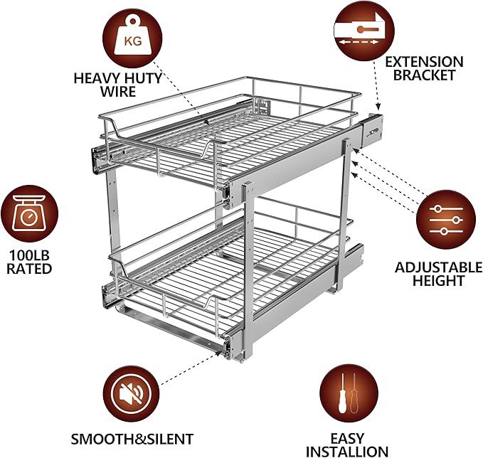2-Tier Cabinet Pull Out Shelves, 9" W x 22" D | Heavy-Gauge Wire Sliding Shelves, 100 lbs Limit, Ball-Bearing Glides, 3 Heights, Min 9" Opening, For Spices & Under Sink - Image 3