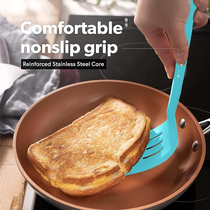 New DI ORO Silicone Turner Spatula Set - Kitchen Spatulas for Nonstick Cookware - Cooking Utensils for Flipping Eggs & Pancakes - 600°F Heat-Resistant BPA Free Turners - Dishwasher Safe (4pc, Teal) - Image 4