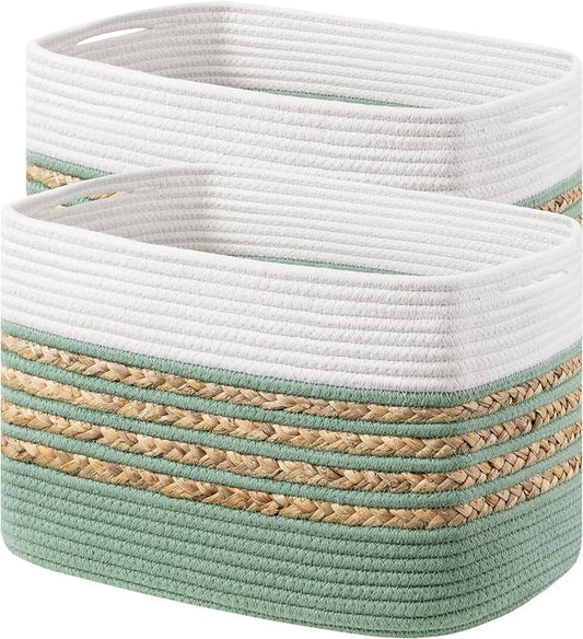 UBBCARE 2 Pack Baskets for Organizing, Woven Storage Baskets for Toys and Towel, Rectangle Cotton Rope Basket with Handles, 14''L x 8''W x9''H, Green by UBBCARE