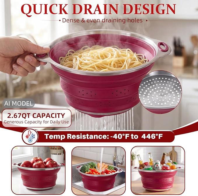 Collapsible Colander Set with Silicone Mat,2-in-1 Stainless Steel Colander for Kitchen, Foldable Metal Colander, Space-Saving for Pasta Veggies Fruit(PERSIAN RED) - Image 6
