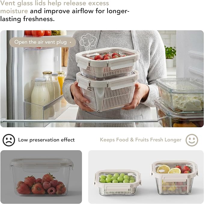 Glass Fruit Storage Containers for Fridge, 2 Pack Produce Containers with Removable Colanders & Vent Glass Lids, Airtight Fruit & Vegetable Storage, BPA Free Borosilicate Glass - Image 2