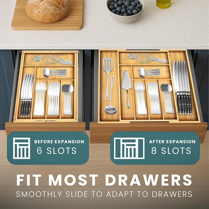 Sben Expandable Drawer Organizer for Utensils Holder, Adjustable Cutlery Tray, 6-8 Slots, Premium Wood Drawer Dividers Organizer for Silverware, Flatware, Knives for Kitchen (Bamboo) - Image 8